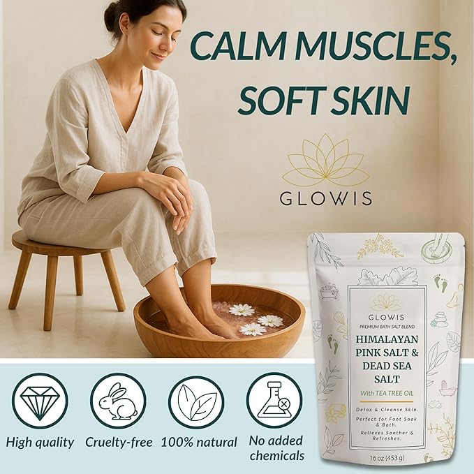 Glowis Tea Tree Oil Foot Soak with Himalayan & Dead Sea Salt | Pedicure Salt Foot Soak for Nail Discoloration, Calluses & Odor | Natural Detox Foot Bath Soak with Sandalwood, Lavender & Rose | 16 oz
