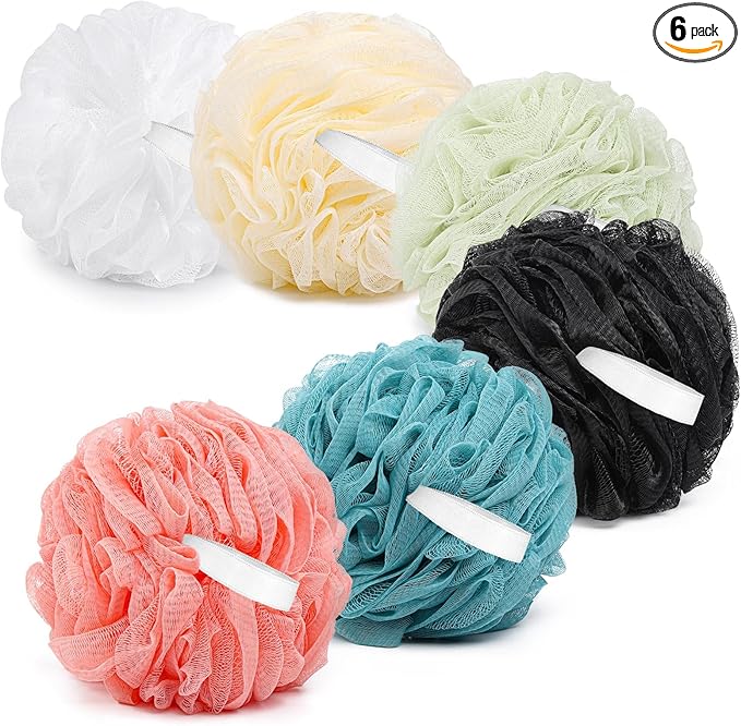 6 Pack Shower Loofah Bath Sponge, 75g/pc Large Exfoliating Body Scrubber Shower Scrunchies for Women and Men