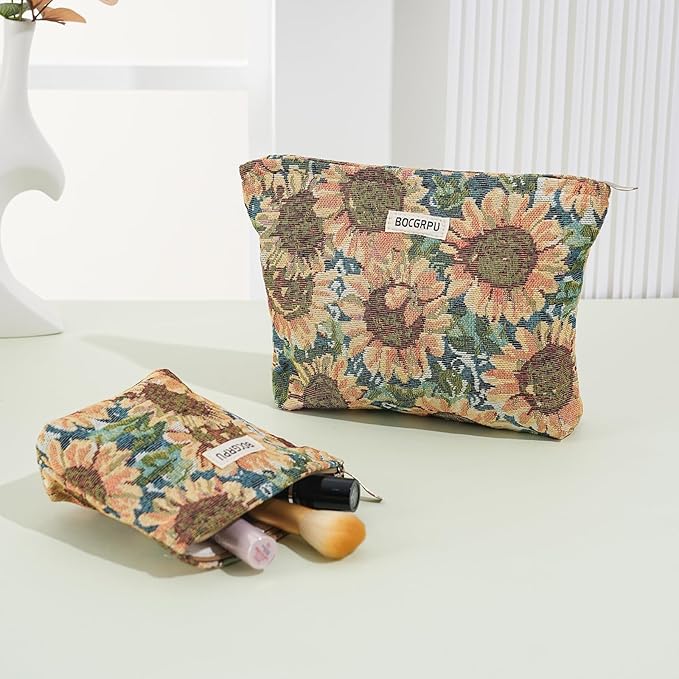 2 PCS Makeup Bag Set，Portable Cosmetic Bag for Purse ，Large Storage Capacity Toiletry Bag Make up Organizer，Travel Pouch with Zipper for Women, (Sunflower Oil Painting)