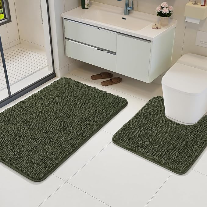 AROGAN Bathroom Rug Sets 2 Piece, 20"x20" U-Shaped Toilet Mat and 21"×34" Bath Mats Bathroom Floor Set, Washable Bath Rug, Absorbent Soft Non Slip Rug Set, Olive Green