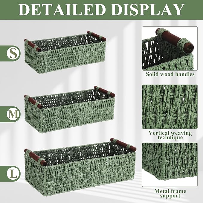 Boao 3 Pcs Boho Storage Wicker Baskets Handmade Woven Decorative Paper Rope Baskets for Organizing with Handle Countertop Toilet Paper Storage Container for Toilet Tank Top