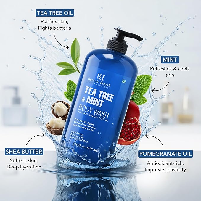 Botanic Hearth Tea Tree & Mint Body Wash with Silicone Dual-Sided Design Body Brush & Scrubber | Infused with 100% Pure Tea Tree Oil, Coconut, Jojoba |Foot & Body Cleanser | Paraben Free |16 fl oz
