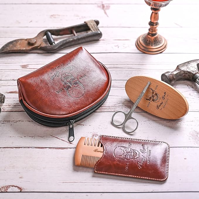 Beard Brush and Comb Set, Boar Bristle Hair Beard Brush Kit with Small Leather Travel Toiletry Bag Case for Men, Include Men's Wooden Mustache Comb & Nose Hair Scissors