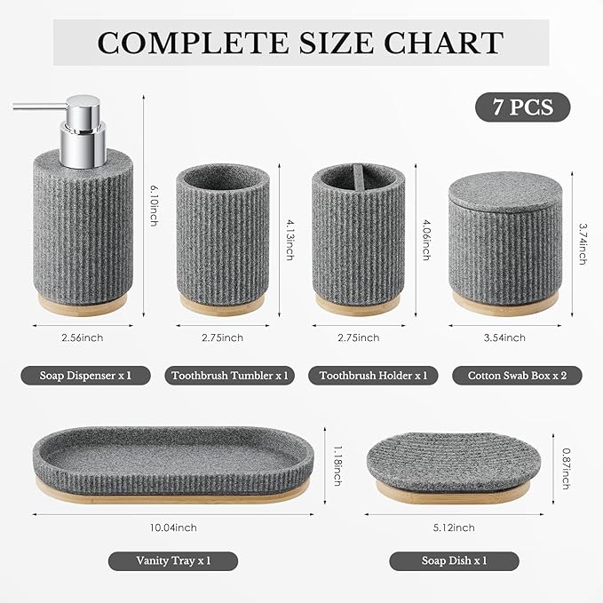 7PCS Bathroom Accessories Set, with Soap Dispenser, Q-tip Holder, Toothbrush Holder, Tumbler, Soap Dish, Vanity Tray, Bathroom Set Complete Organizer Countertop for Modern Decor, Grey