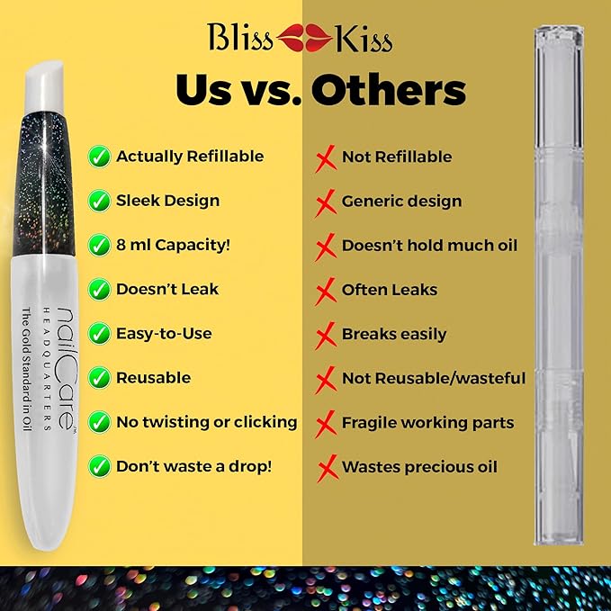 Refillable Holographic Cuticle Oil Pen for Nails - Empty Holo Squeeze Nail Oil Pen with Brush from Nail Care Headquarters by Bliss Kiss 3-Pack