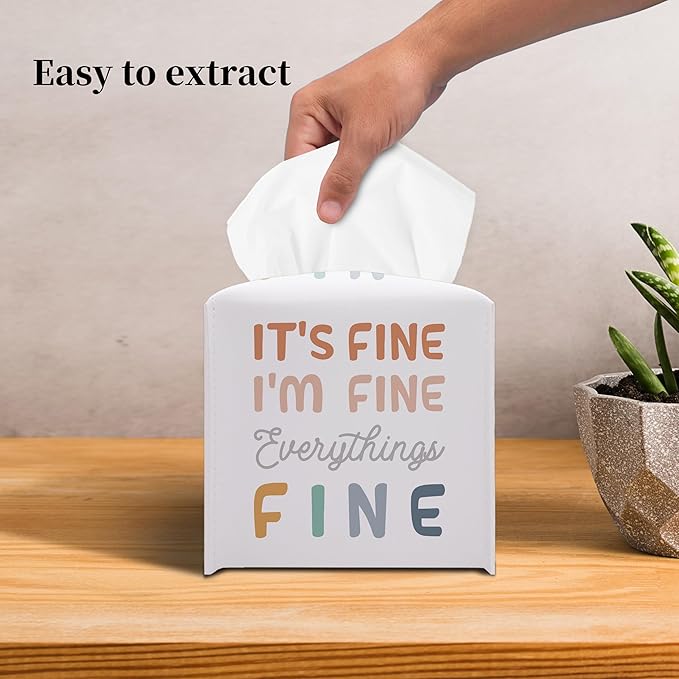 Grace Yonks Cute Tissue Box Cover Square - Funny Pastel Typography Design 5.2" PU Leather Holder for Vanity, Desk, or Bathroom Counter - Cube Case for Facial Tissues(021)