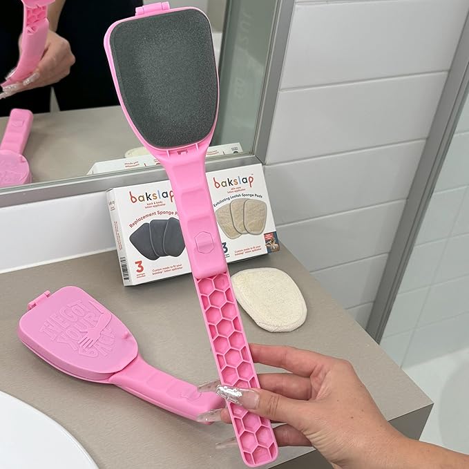 Bakslap - Body Lotion Applicator for Back and Body - Replaceable Sponge Pads (2 Pack) - Extendable Long Handle for Self Back & Body Application (Skin Cream, Suntan, Beauty, Tanning, Medical) (Pink)
