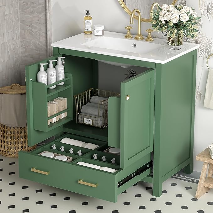 Bellemave 30" Bathroom Vanity with Sink Combo Set, Solid Wood Frame Bathroom Storage Cabinet with a Drawer, 2 Soft Closing Cabinet Doors with Organizer, Green