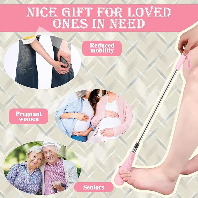 Toe Cleaning Brush Lotion Applicator for Feet with 6 Reusable Drying Covers Foot Cleaner with Telescopic Stainless Steel 16-30 Inch Handle Toe Scrubber for Elderly Disabled Men Women (Pink)