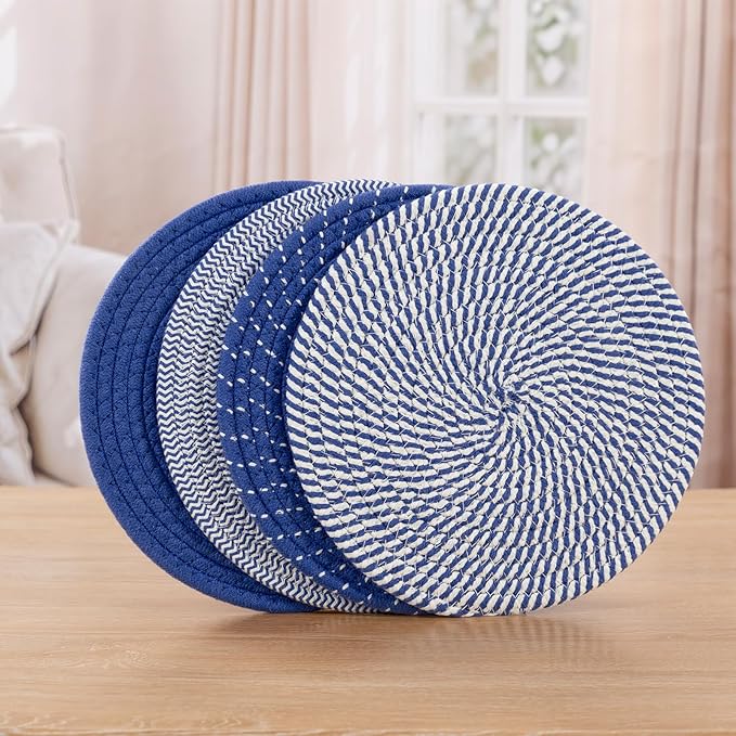 SHACOS 10 Inches Trivets for Hot Dishes, 4 Pieces Cotton Trivets Mats for Kitchen, Hot Pads for Countertops and Table, Heat-Resistant Pot Holders for Hot Pots and Pans(Deep Blue, 4pcs)