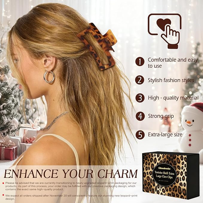 4 PCS 5 Inch Extra Large Claw Clip for Women, Tortoise Shell Jumbo Claw Clips for Thick Long Curly Hair, Rectangle Strong Hold Hair Clip, Non-slip Square Durable Hair Accessories for Hat