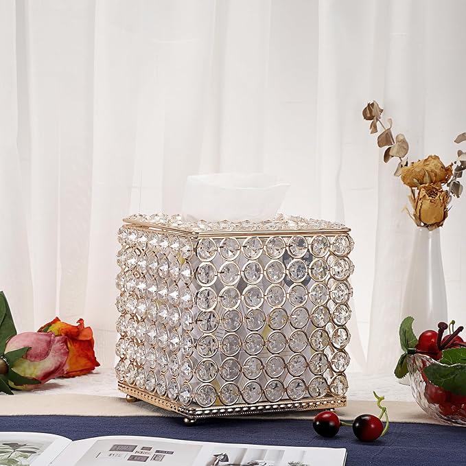 Sumnacon Crystal Square Tissue Box Cover - Sparkling Glass Cube Tissue Box Holder, Decorative Facial Tissue Holder for Bedroom Bathroom Vanity Dresser Night Stand Table Office Home Decor, Gold