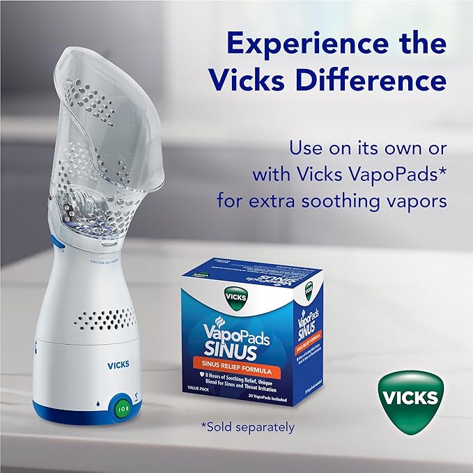 Vicks Sinus Inhaler, New & Improved Non-Medicated Steam Inhaler for Sinus Relief, Allergies, Congestion & Colds, Vocal Steamer, Soothes Nasal & Throat Passages, Works with VapoPads (1 Included)