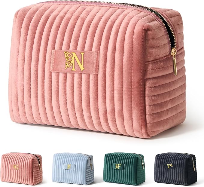 COSHAYSOO Travel Makeup Bag Quilted Make Up Pouch Initial Cosmetic Case with Butterfly Decorations for Women Birthday Easter Mothers Christmas Valentines Graduation Appreciation Gifts Pink Letter N