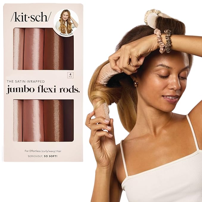 Kitsch Satin Hair Curlers, Heatless Curling Rod - Jumbo Flexi Rod for Heatless Curls Overnight, Comfortable Hair Curlers to Sleep In for Frizz-Free, No Heat Damage Styling - 4pcs, Rosewood