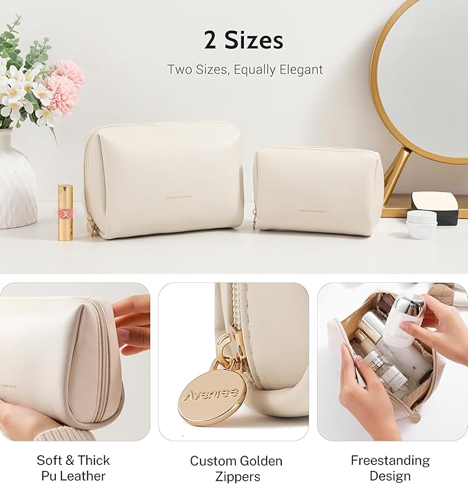 Aveniee Travel Makeup Bag Small, Vegan Leather Cosmetic Pouch for Purse, Wide-open Toiletry Organizer with Dividers & Zipper for Women-Beige
