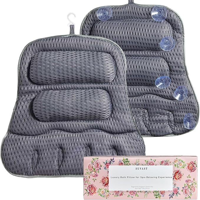Bath Pillows for Tub, Full-Body Relaxation with Head, Neck & Shoulder Support, Ergonomic Design, 10 Suction Cups, Breathable 4D Air Mesh (Grey)