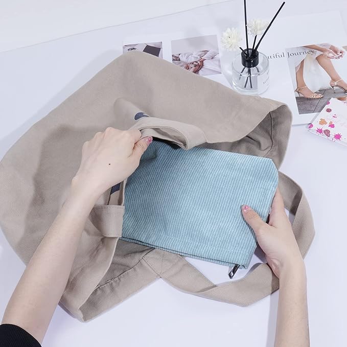 MAANGE Cosmetic Bags for Women Small Makeup Bag for Purse Corduroy Makeup Pouch Travel Makeup Bag with Metal Zipper Make Up Bag for Travelling(BLUE)