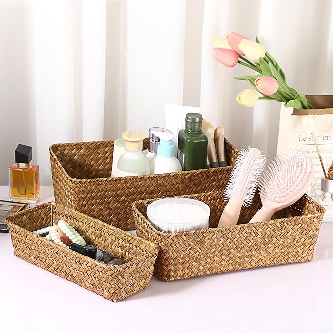 3 Natural Wicker Basket Set Rectangular Handwoven Seagrass Basket Storage Bins Home Organizer Bins - Household Basket Box for Shelf Wardrobe Desktop Home Decor (Caramel)