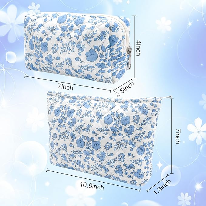 2Pcs Small Makeup Bag Quilted Cosmetic Bag Flower Pencil Case Travel Makeup Bag Set for Women Cute Cosmetic Pouch Aesthetic Cotton Toiletry Organizer Storage Bags Puffy Zipper Pouch Christmas Gifts A