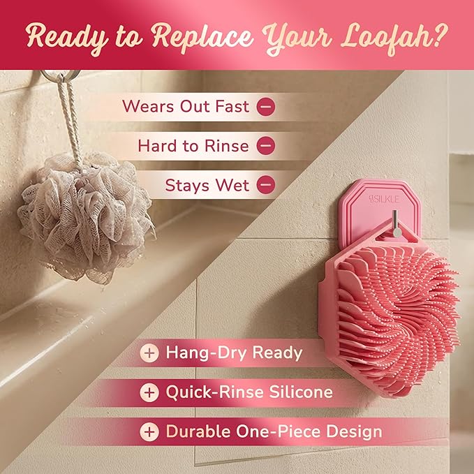 Silicone Body Scrubber – Gentle Exfoliating Shower Scrubber for Body & Bath, Silicone Shower Brush & Loofah Alternative – Non-Slip Silicone Body Brush, Quick Dry, Hygienic - Pink