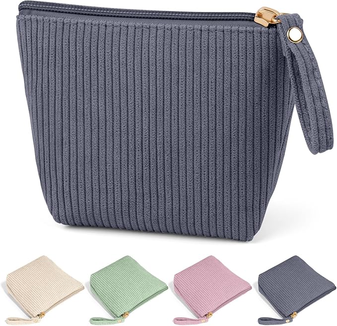 MAGEFY Mini Makeup Bag, Cute Small Makeup Bag for Purse Corduroy Cosmetic Bag for Women with Slip-in Pockets Travel Purse Essentials Lipstick Bag(Grey,Mini)
