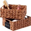 UBBCARE Storage Baskets with Label, Wicker Pantry Baskets for Shelves, Waterproof Woven Basket for Organizing, 2-Pack Plastic Rectangle Organizers with Handles, Light Brown (10L×8H×4W)
