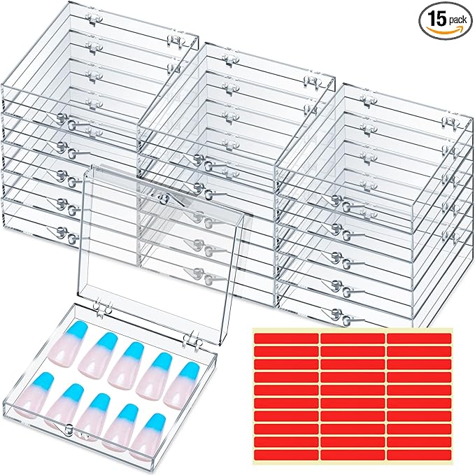 Landhoow 15 Pcs Press On Nail Boxes Nail Display Case with 30 Adhesive Tape, Artificial Press On Nail Container, Acrylic Storage Organizer(Clear)