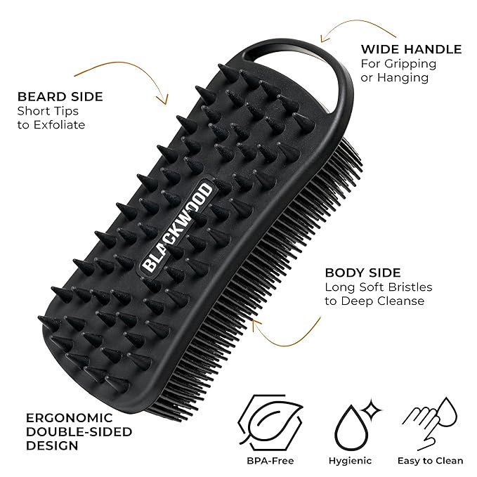 Blackwood For Men Double Duty Beard & Body Scrubber - Dual-Sided Men's Shower Tool - Handheld Body Wash Brush with Long Soft Silicone Bristles for Deep Cleaning - Short Exfoliating Tips for Beard Care