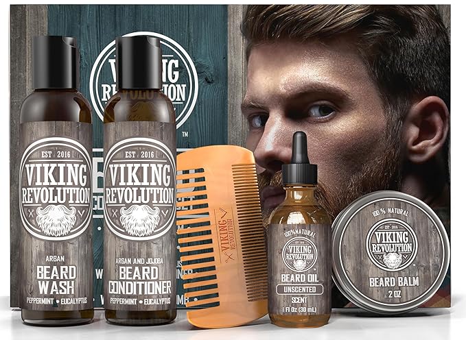 Viking Revolution Ultimate Conditioner for Men's Beard Grooming - Softens, Smoothes and Soothes Beard Itch- Contains Wash, Conditioner, Beard Oil, Balm and Comb- Classic Set
