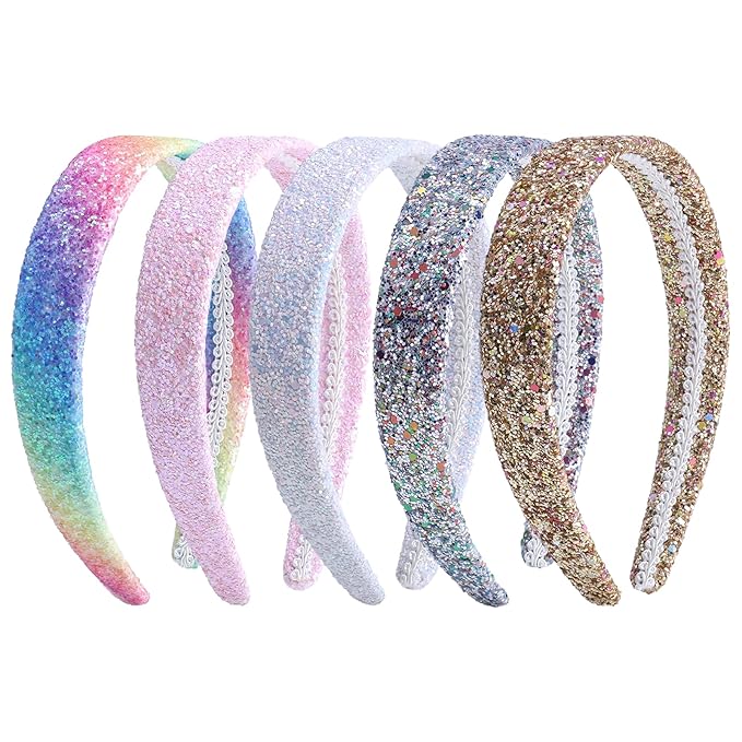 Fishdown Headbands for Girls 3 CM Wide, 5 Pack Cute Sparkly Hair Bands for Kids, Rainbow Sequin Girls Headbands for Kids Children Teens Women