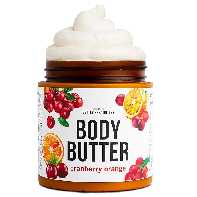 Cranberry Orange Body Butter with Raw Shea Butter and Jojoba Oil, Body Moisturizer for Dry Skin, Sweet Citrus Hydrating Lotion for Women and Men