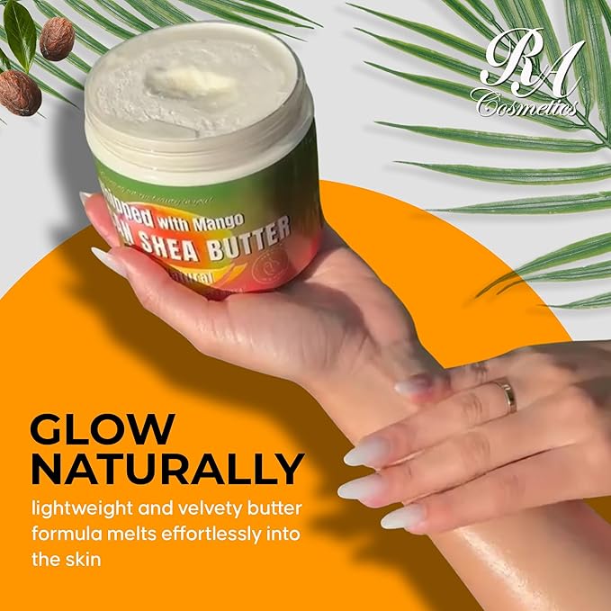 RA COSMETICS Whipped Shea Butter with Mango Extract – 100% Unrefined Shea Body Butter from Ghana – Moisturizes Skin, Nourishes & Conditions Hair, Scalp – Softens and Smooths Lips, Hands & Feet – 12oz