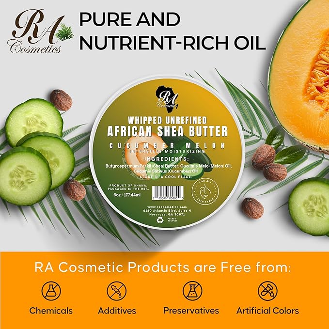 RA COSMETICS Whipped Shea Butter Cucumber-Melon - 6oz | 100% Pure & Natural African Shea Butter for Men & Women - Ultimate Handcrafted Moisturizer with Essential Vitamins for Radiant Skin