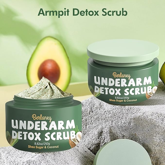 Armpit Detox and Scrub with Shea Butter and Coconut 8.82oz-Exfoliating Scrub with Natural Ingredients for Removing Odor, Deep Cleansing and Exfoliating, also for Legs, Knee, Feet, Hands, Body