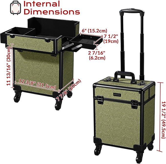 BYOOTIQUE Cosmetology Cases on Wheels Rolling Makeup Organizer Cart 3-Piece Professional Nail Tech Storage Kit for Nail Artist Barber Salon Hairstylist,Rococo Moss