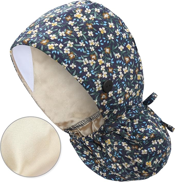 QBA Adjustable Working Cap with Button, Satin-Lined Hat, Cotton Working Hat Sweatband, Elastic Tie Back Hats Unisex
