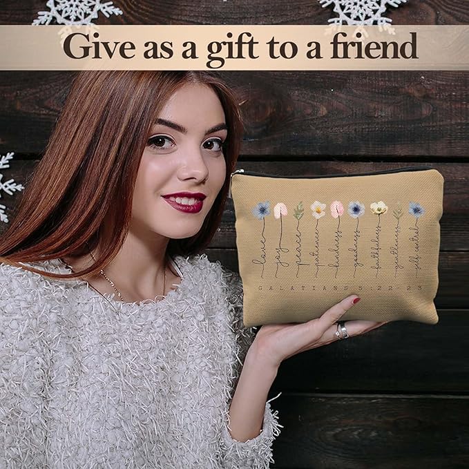 Christian Gifts Makeup Bag, Floral Christian Cosmetic Bags for Women, Galatians 5:22-23 Bible Verse Makeup Pouch, Faith Based Gifts Zipper Pouch(pale brown)