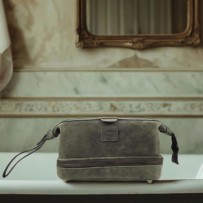 LEATHER VILLAGE Genuine Leather Dopp Kit – Large Travel Toiletry Bag with Waterproof Lining, Dual-Zip Design for Men & Women, Organizer for Shaving, Makeup & Essentials - Olive