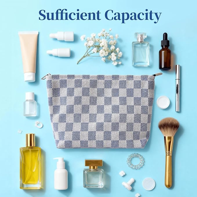 Blue Checkered Makeup Bag for Women, Canvas Cosmetic Bag with Zipper Lining, Travel Makeup Pouch for Purse, Travel Pouch for Toiletry, Cosmetic, Sunscreen, Hygiene, Skincare, SPF, Medicine, Sunblock