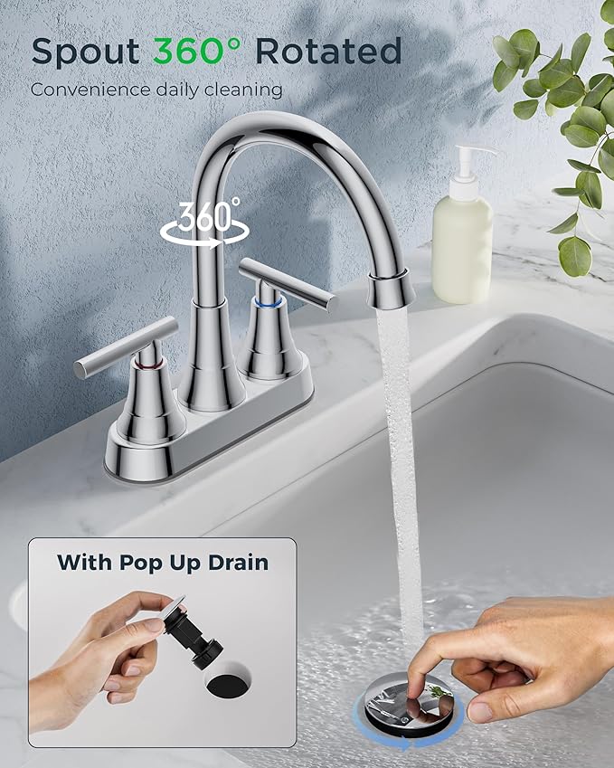 FORIOUS 4 Inch Bathroom Faucets for Sink 2 or 3 Hole, Chrome Centerset Bathroom Sink Faucet with Pop up Drain and cUPC Hose, 360° spout, Two Handles for Restroom,Vanity, RV Remodel