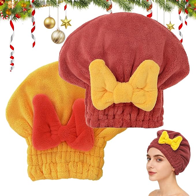 Microfiber Hair Drying Caps, Christmas Absorbent Hair Towel Wrap for Women Wet Hair Quick-Drying Hair Towels, Soft Bow Tie Wet Hair Towel Wrap for Party Favors Goody Bag Filler (Red+Yellow)