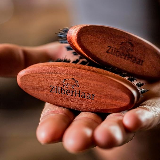 ZilberHaar Pocket Mustache and Beard Brush - Stiff Boar Bristles Small Brush - Perfect Beard Grooming Tool - Relieves beard itch - Short and Medium - Made in Europe