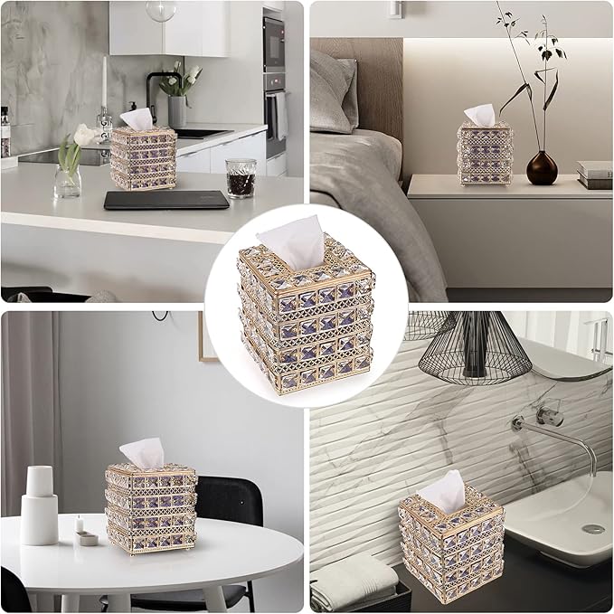 Sumnacon Crystal Square Tissue Box Cover - Sparkling Cube Glass Tissue Box Holder, Decorative Facial Tissue Holder for Bedroom Bathroom Dresser Night Stand Table Office Home Decor, Gold
