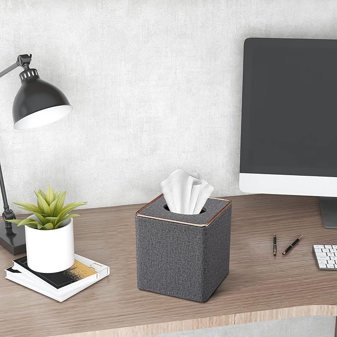 Tissue Box Cover, PU Leather Tissue Box Holder Square Box Covers for Home/Office/Car Decoration 5.3"X5.3"X5.8" - Grey