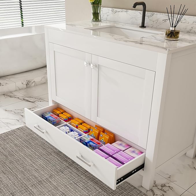 Montary 42" Bathroom Vanity with 43" Sintered Stone Carrara White Top, Modern Stylish MDF Bathroom Storage Cabinet, Vanity Set with 2 Doors and One Large Divided Drawer, White (Single Hole)