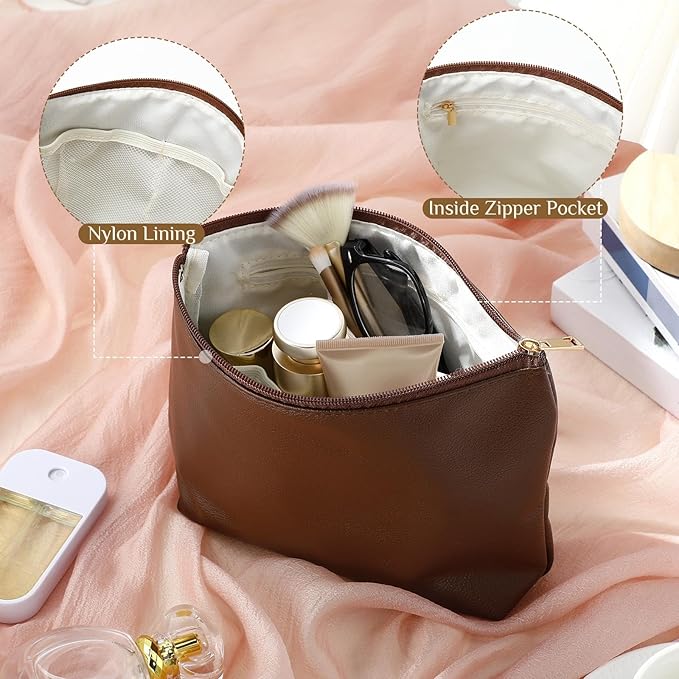 Kigeli PU Leather Makeup Bag for Women Gift Cosmetic Pouch for Purse Waterproof with PU Leather Travel Toiletry Organizer with Zipper for Women Bridesmaid Friend Gift(Coffee)