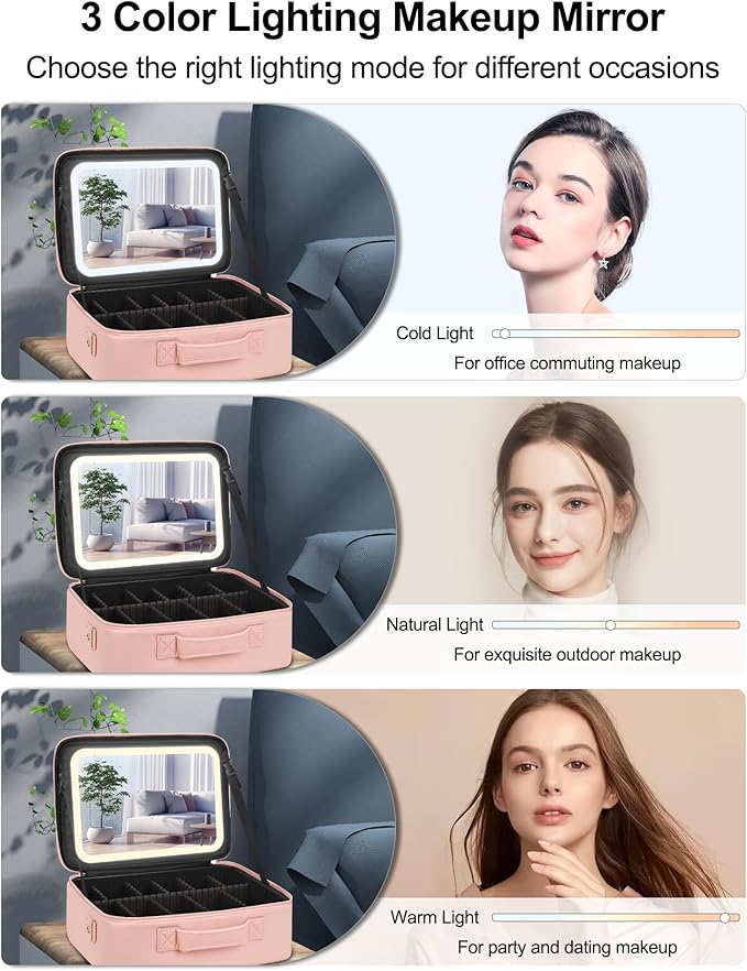 Relavel Makeup Bag with LED Mirror, 16.2 inches Large Makeup Case Travel Portable Cosmetic Organizer Vanity Case for Women, Rechargeable Lighted Mirror Professional Makeup Artists Storage Box (Pink)