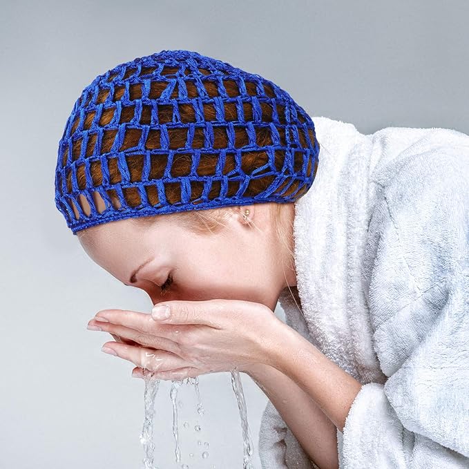 Geyoga 4 Pieces Mesh Crochet Hair Net Rayon Knit Snood Hat Thick Short Women Hairnet Snoods Cover Ornament for Sleeping(Blue)