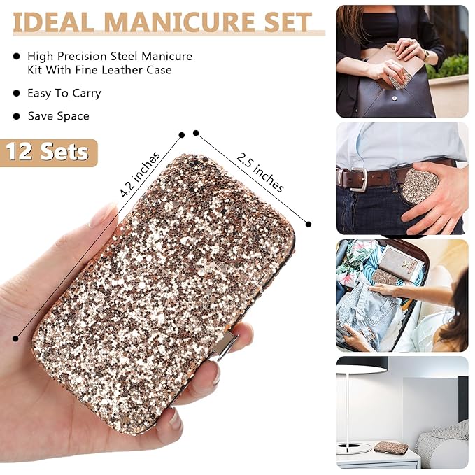 Geosar 12 Set 8 in 1 Manicure Set Stainless Steel Nail Clippers Kit Pedicure Care Tools with Leather Case Travel Grooming Kit Gift for Women Men Gift(Glitter Rose Gold)